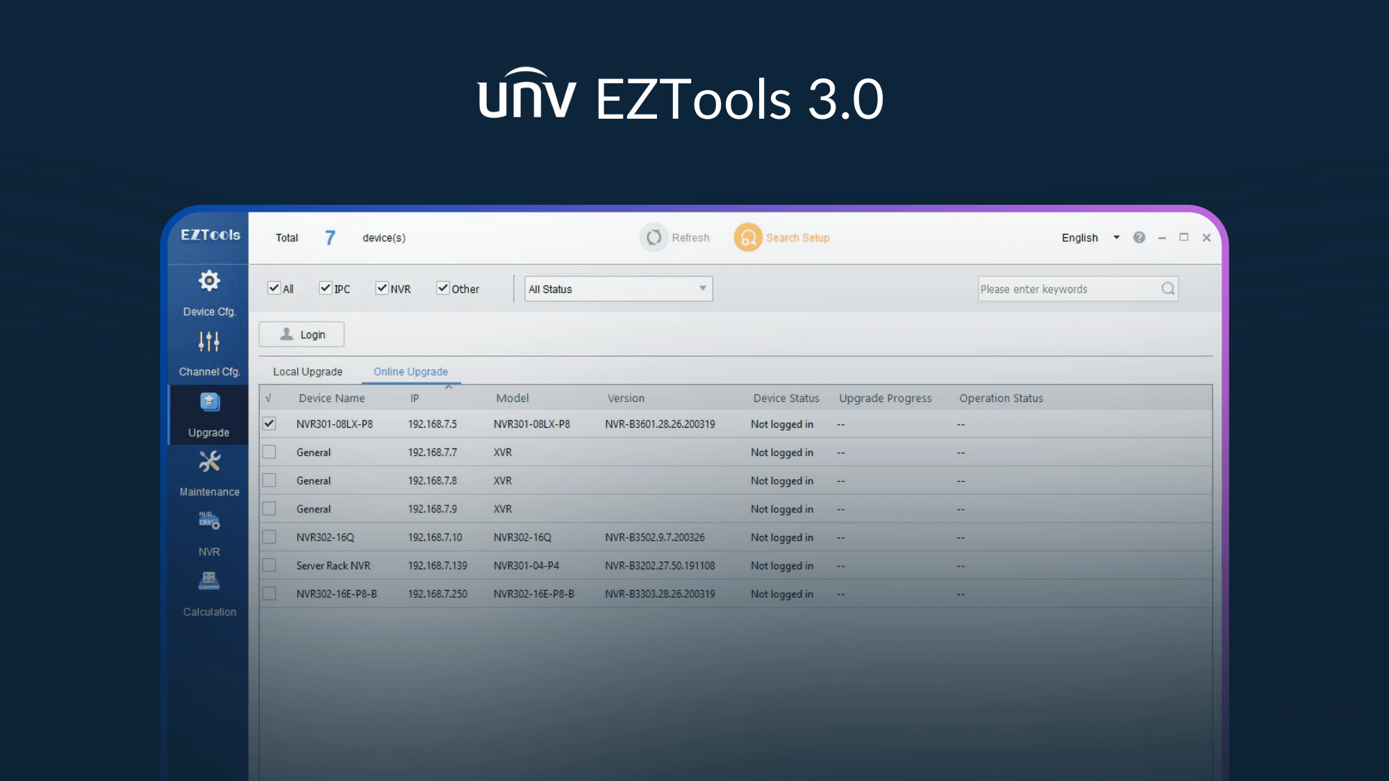 UNV EZTools 3.0 software interface on a computer screen with a dark blue background