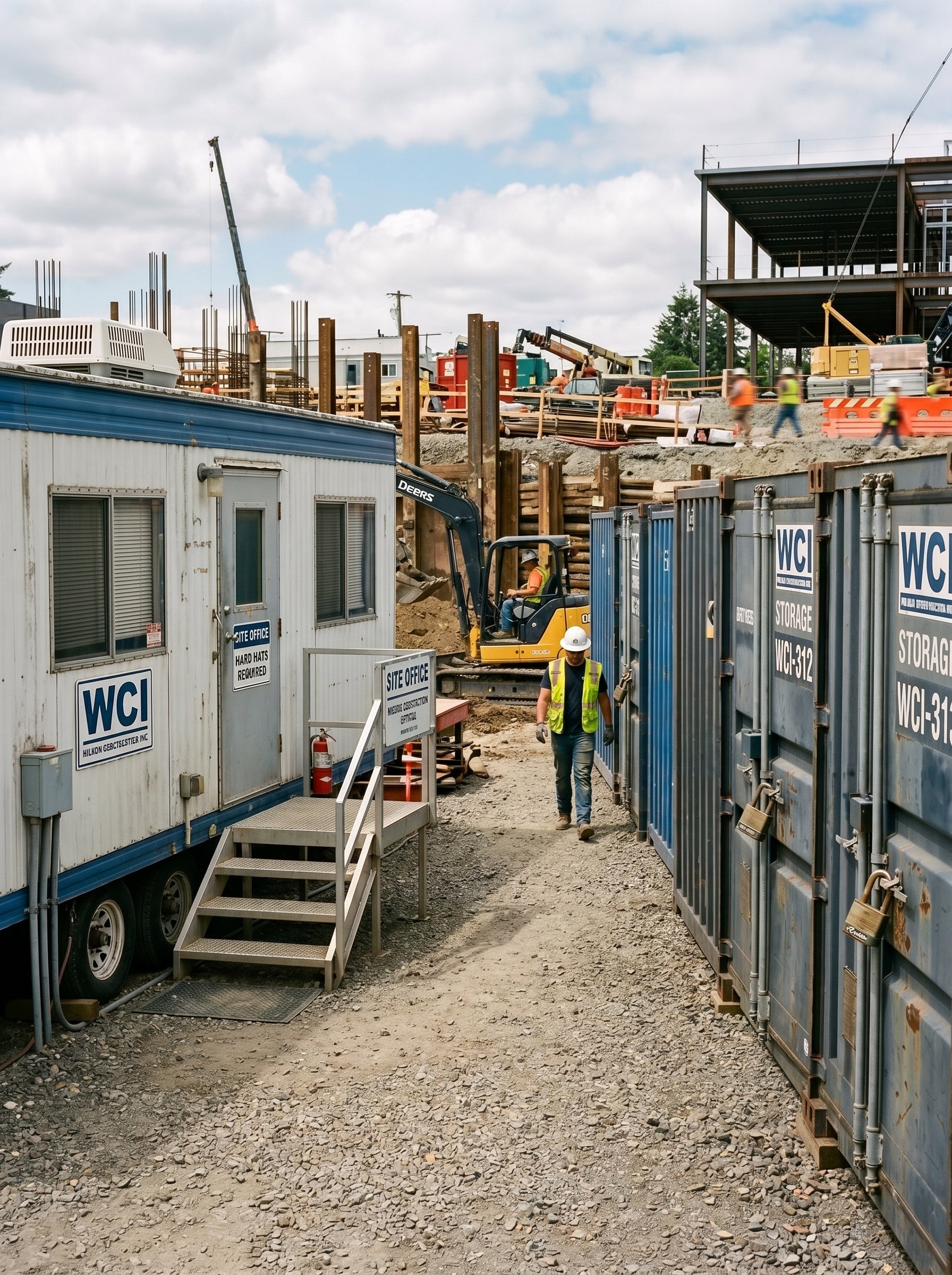 Alpha Vision - Construction site with WCI storage containers and office trailer under a cloudy sky.
