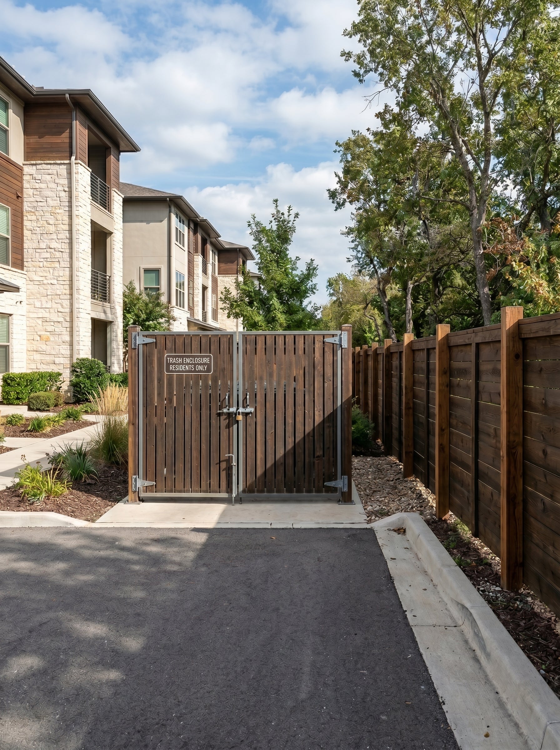 Alpha Vision - Wooden gate leading to a pathway with apartment buildings in the background