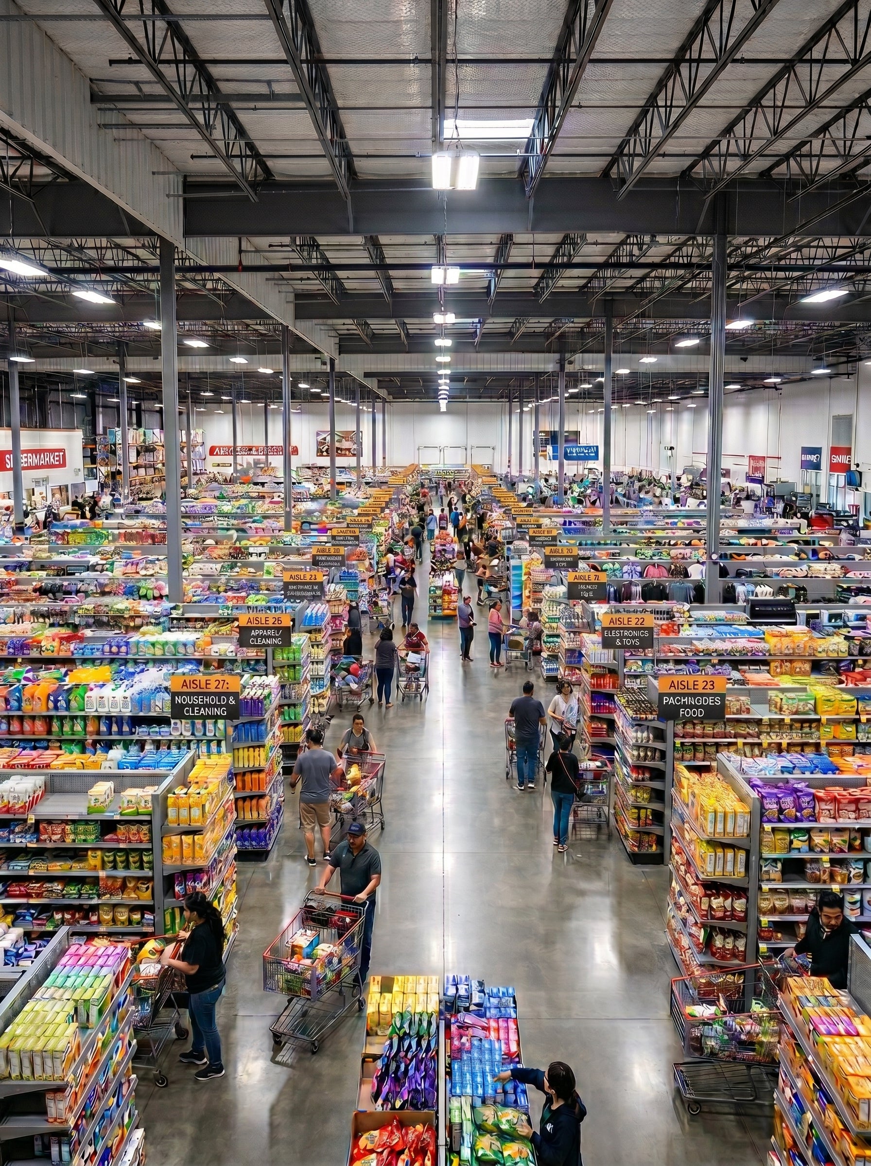 Alpha Vision - Large warehouse with shelves stocked with products and people shopping.