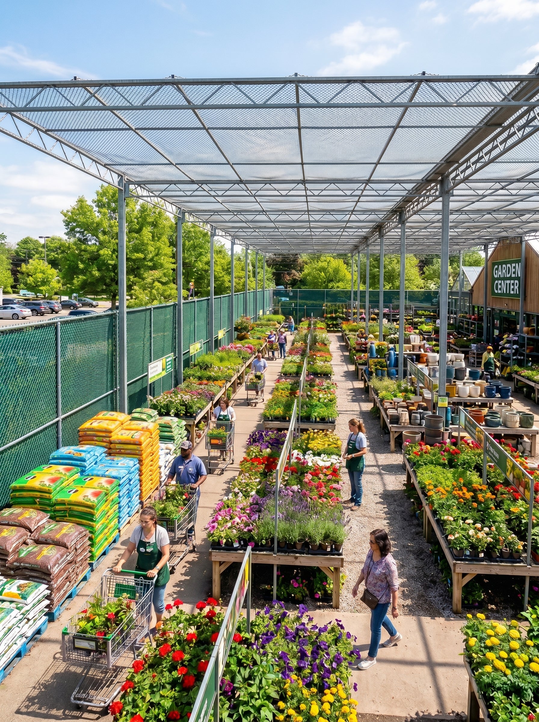 Alpha Vision - Garden center with rows of plants and people shopping under a metal roof.
