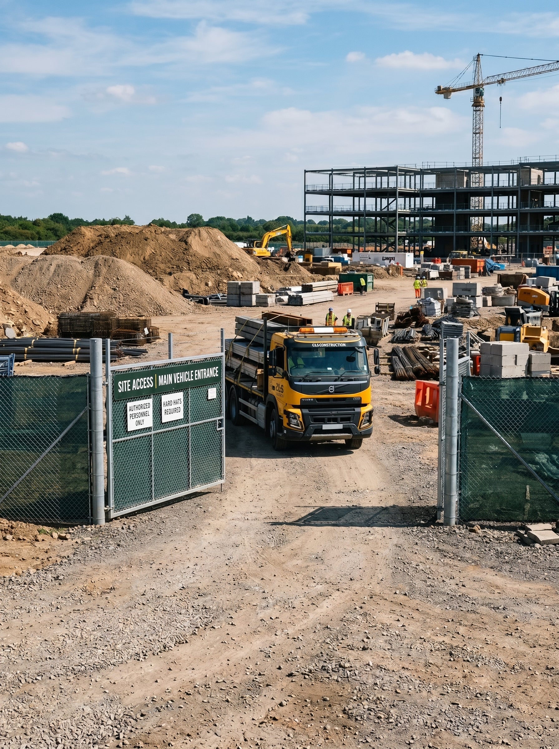 Alpha Vision - Construction site with a truck, cranes, and building materials under a blue sky.