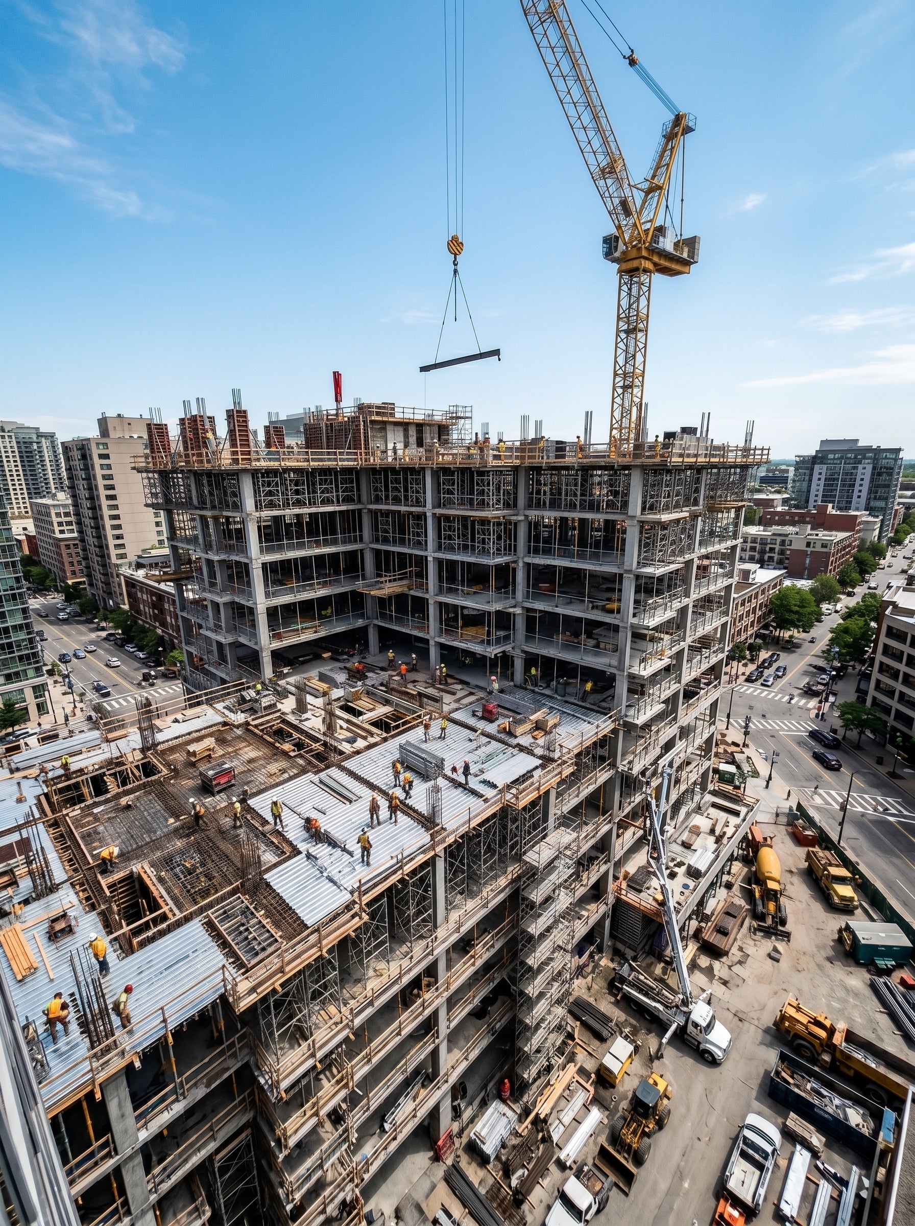 Alpha Vision - Construction site with a crane and multiple buildings under construction against a blue sky.