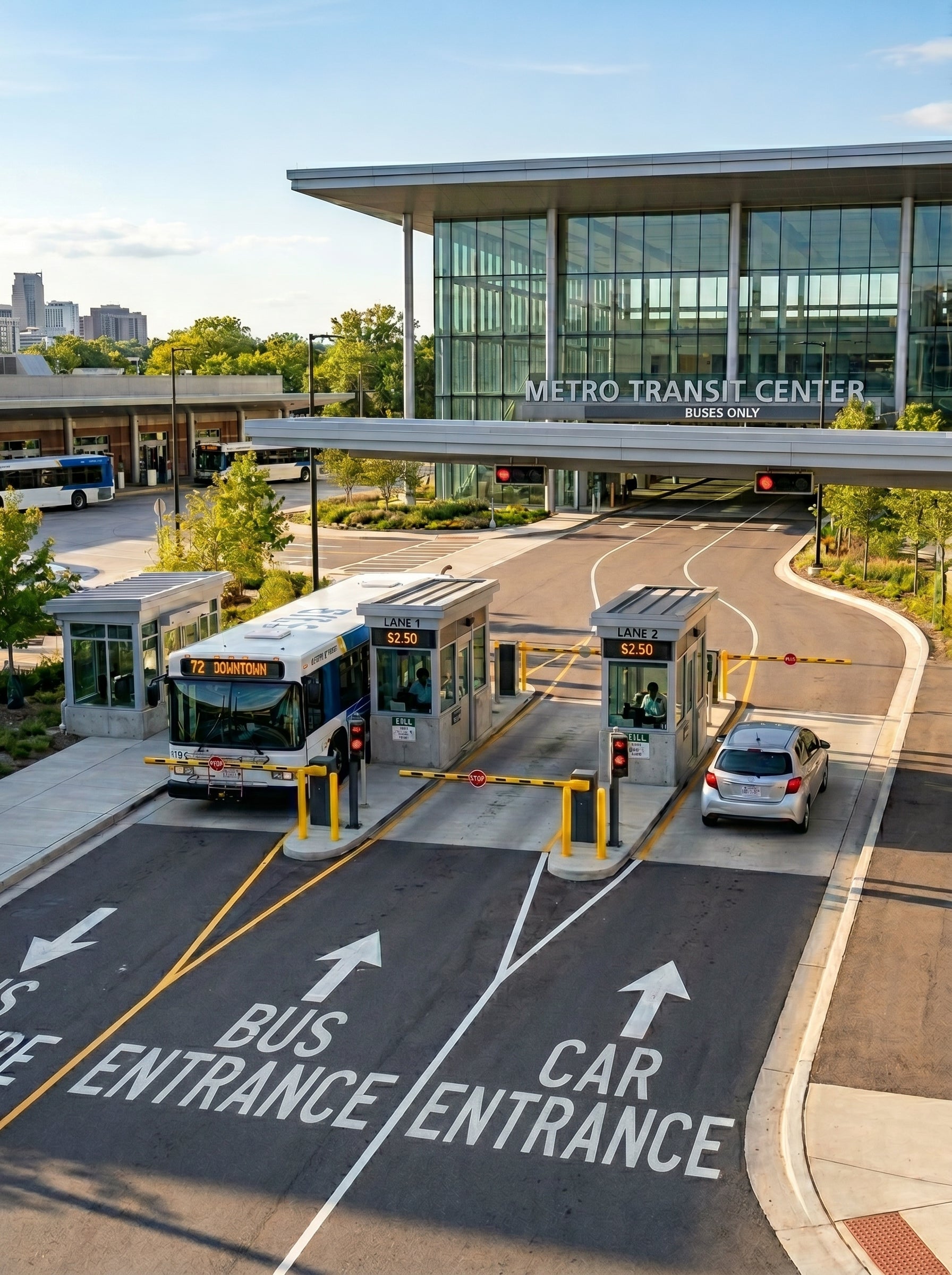 Alpha Vision - Metro transit center with bus and car entrances, clear sky