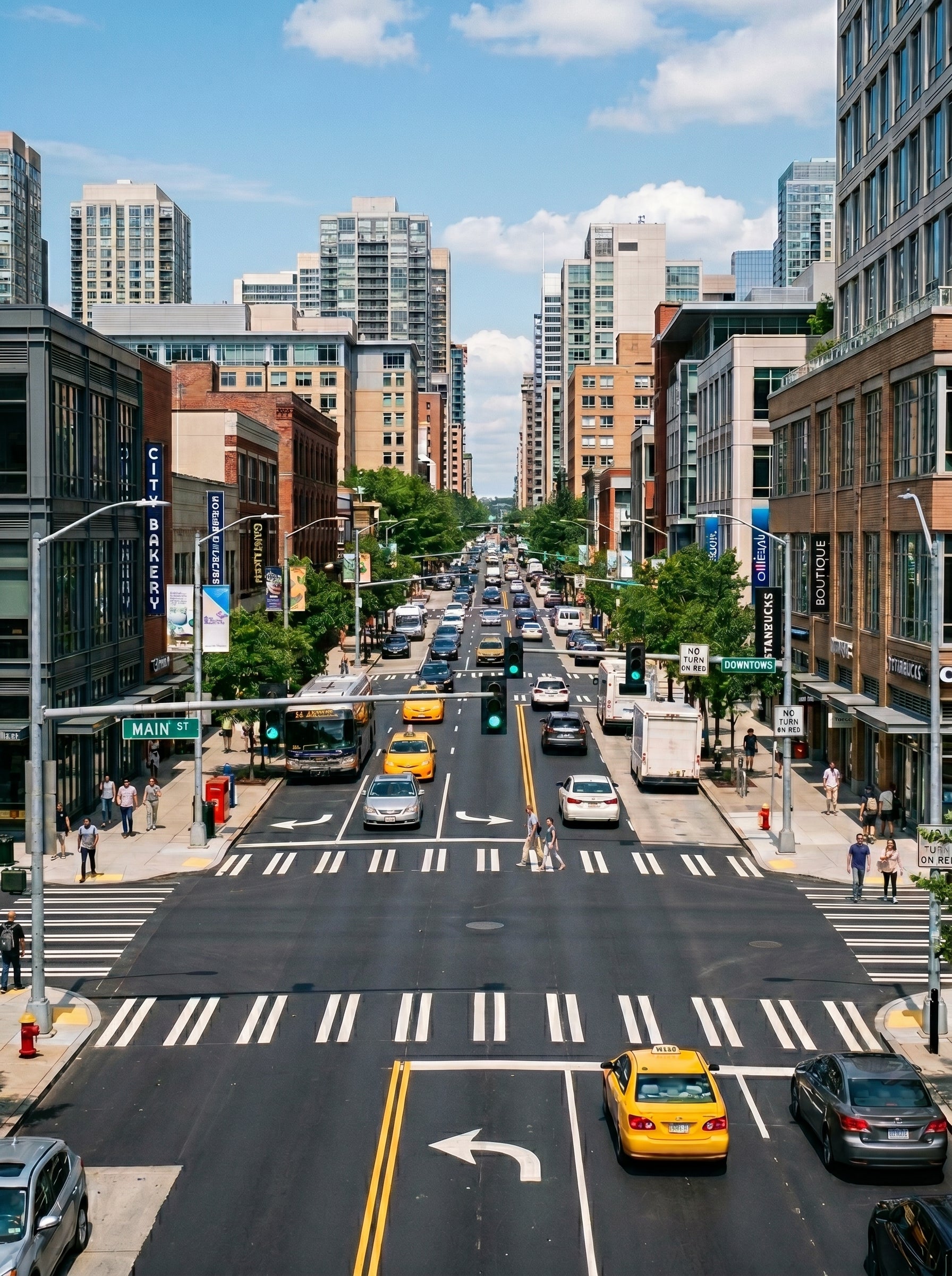 Alpha Vision - City street with tall buildings, cars, and a clear blue sky.