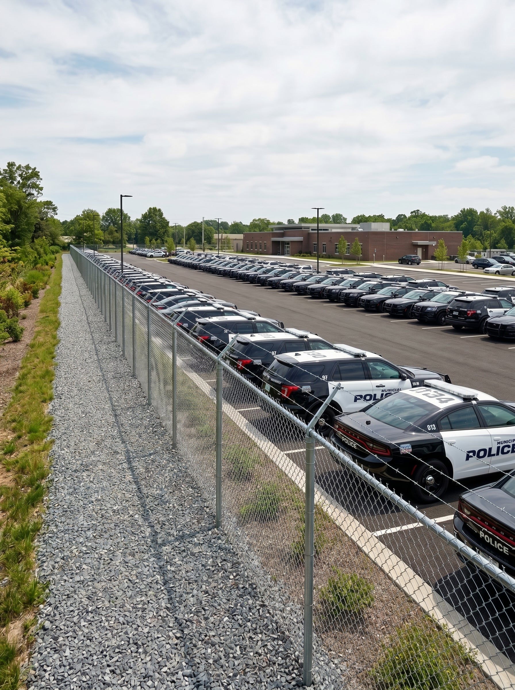 Alpha Vision - Row of police cars parked along a road behind a chain-link fence.