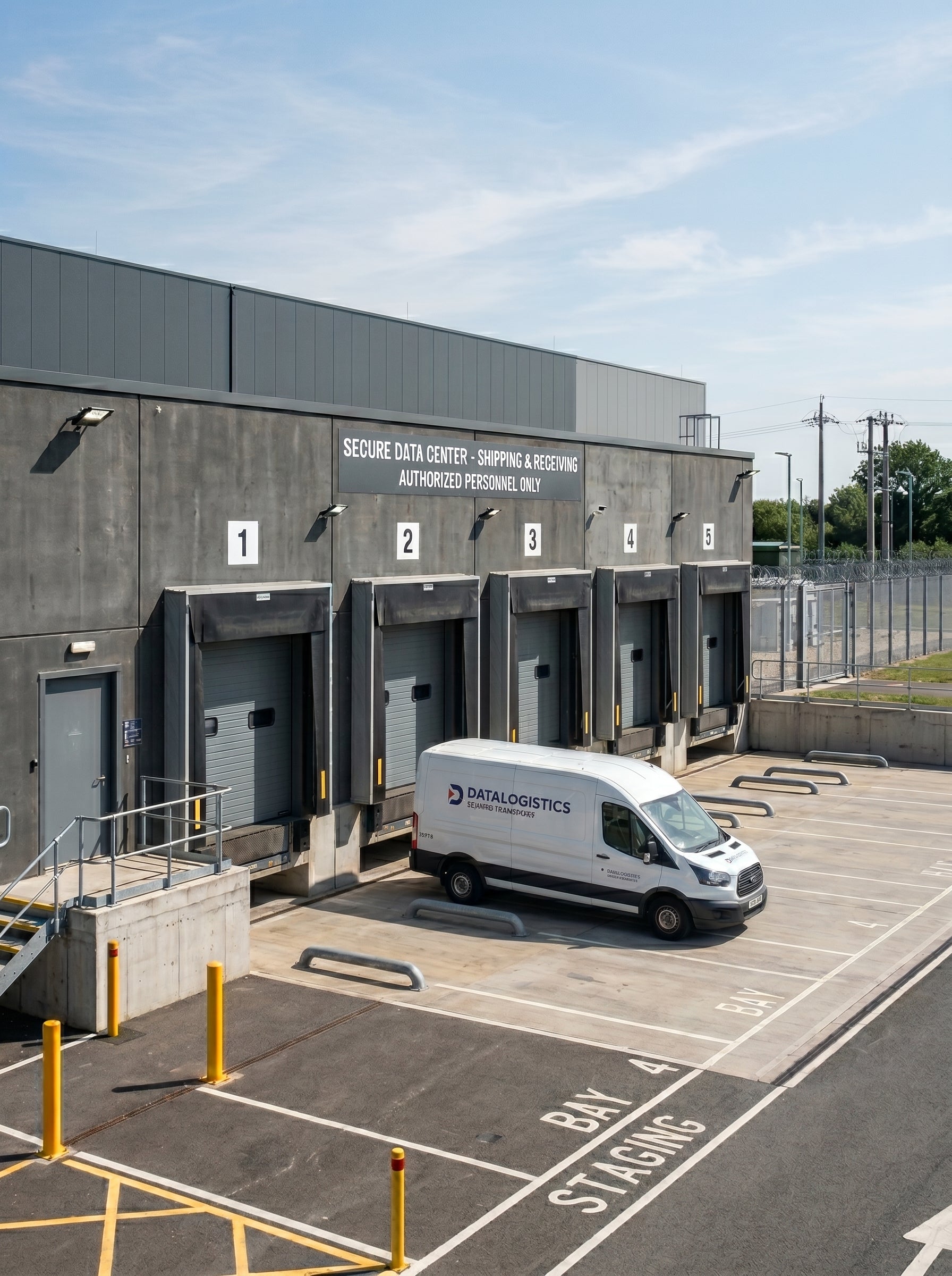 Alpha Vision - White van parked in front of a large industrial building with multiple garage doors.