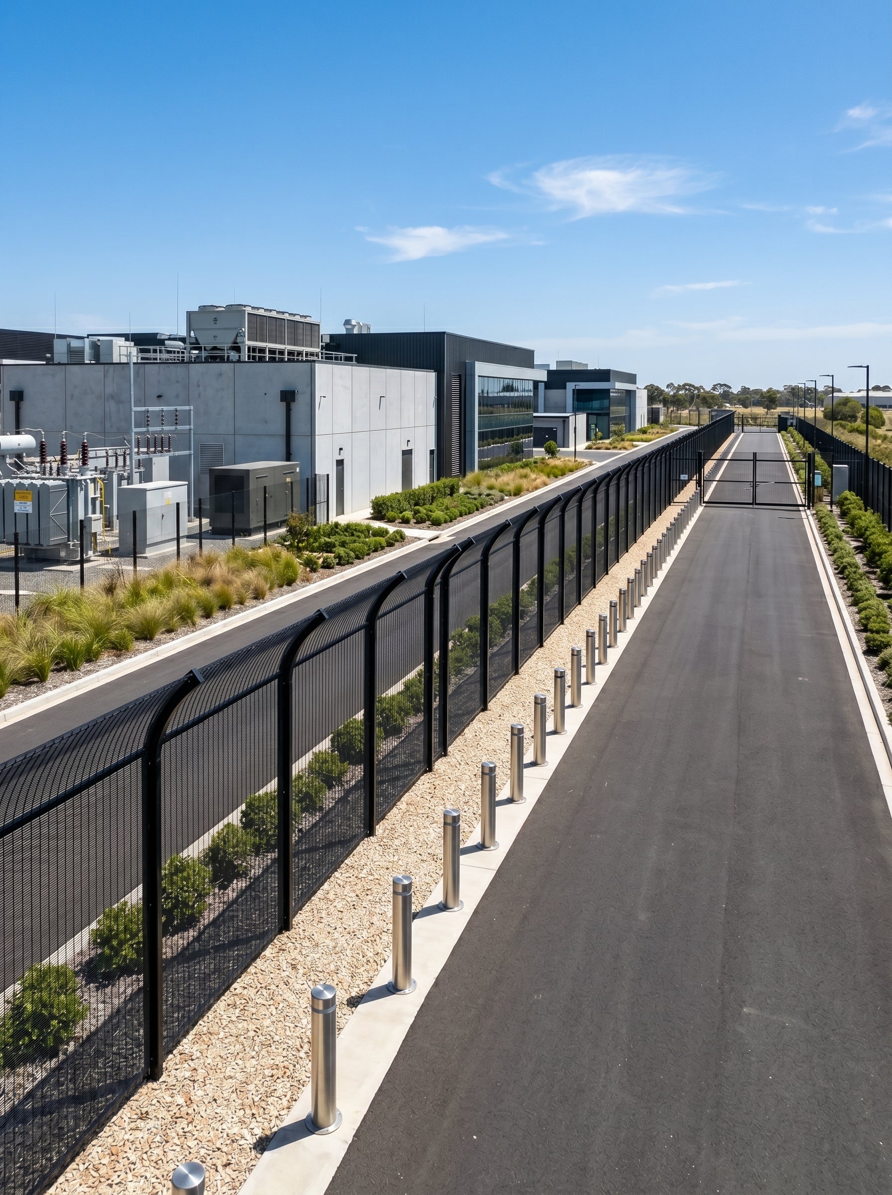 Alpha Vision - Long road with a black metal fence on the left and buildings in the background under a blue sky.