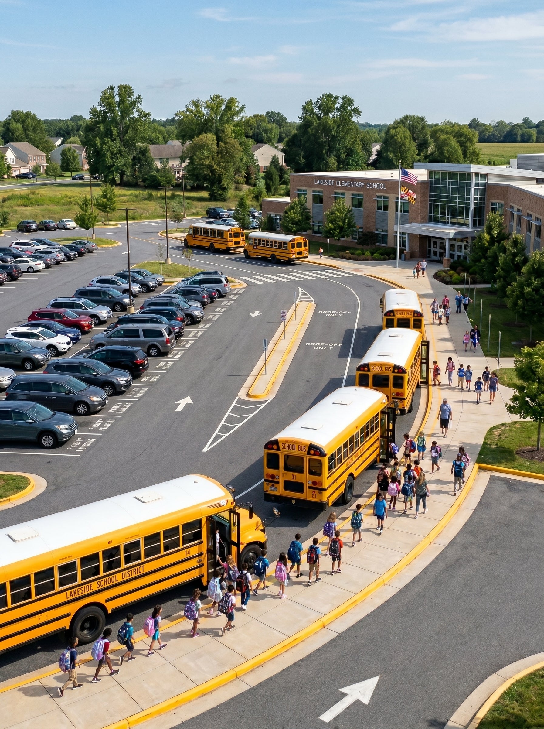 Alpha Vision - School buses and students at a school entrance with a parking lot in the background.