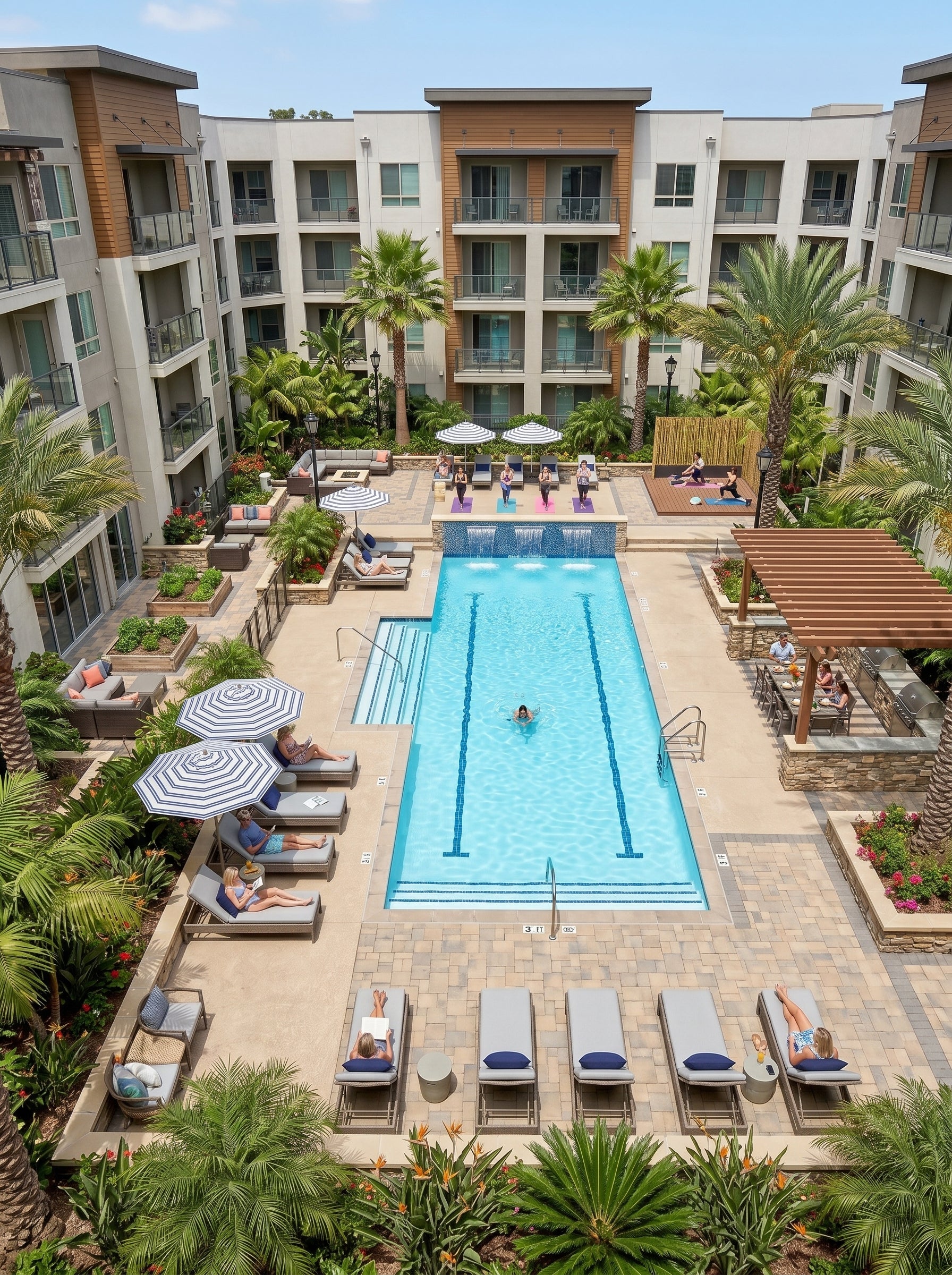 Alpha Vision - Pool area with lounge chairs and umbrellas in an apartment complex setting