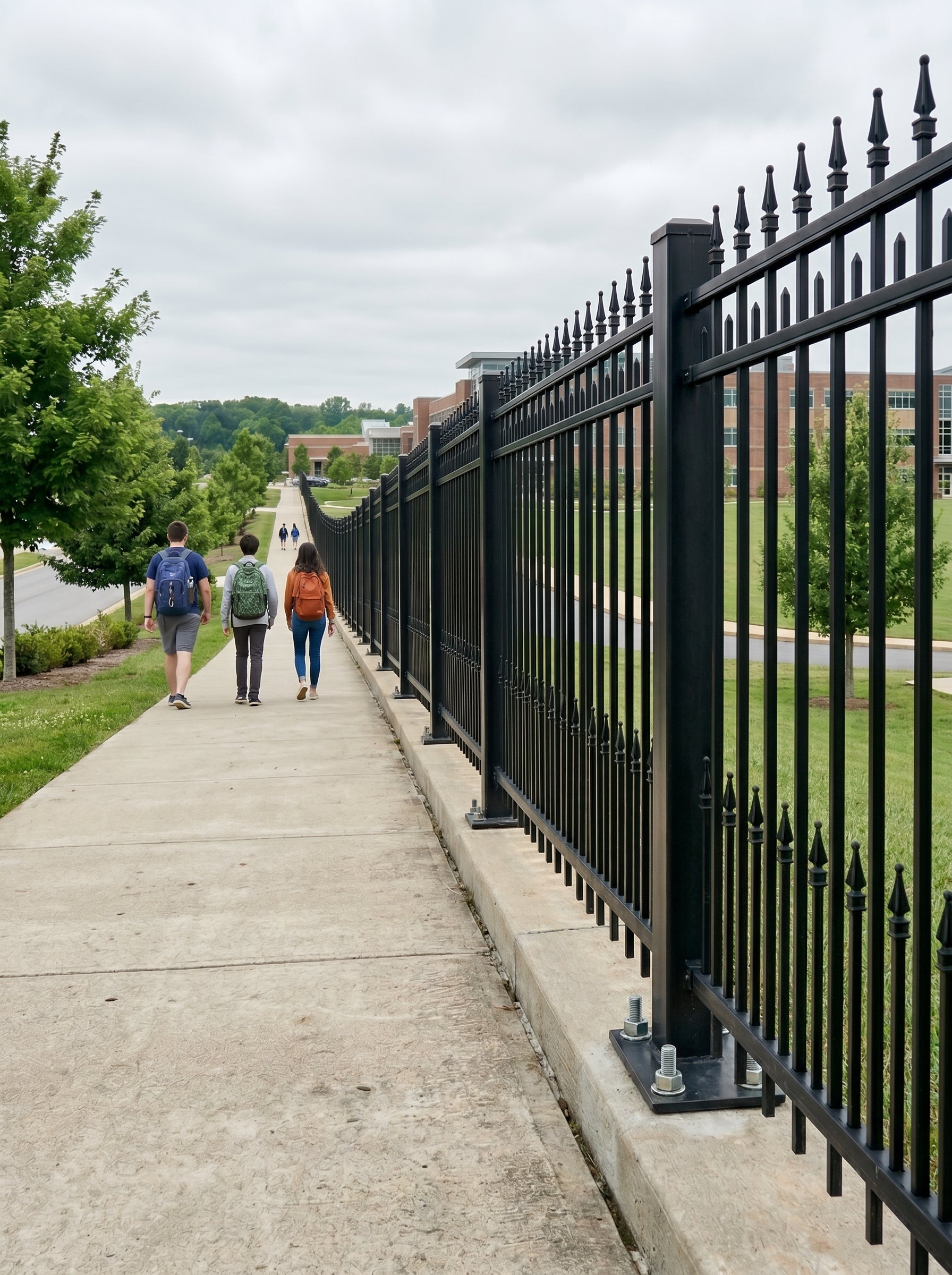 Alpha Vision - Three people walking on a sidewalk next to a black metal fence with trees and buildings in the background.