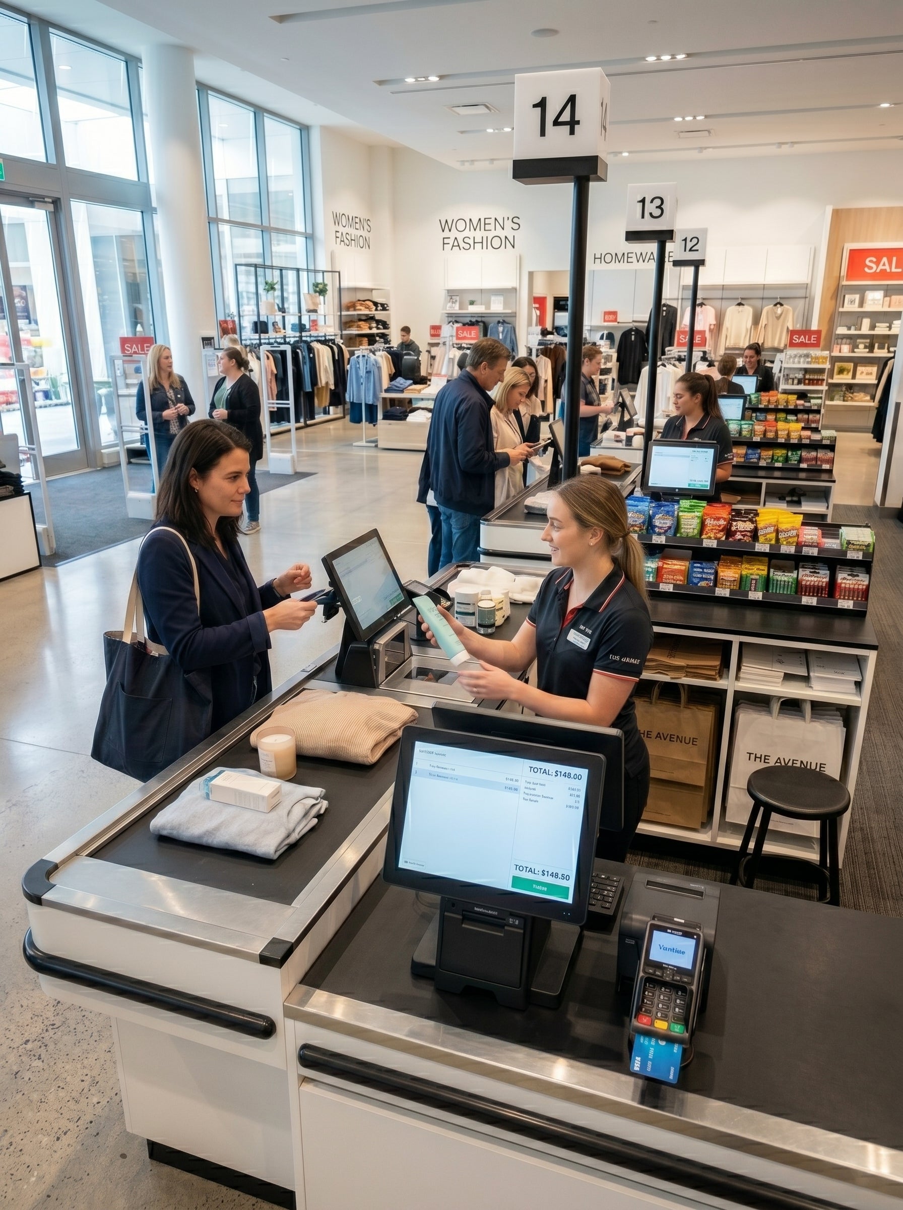 Alpha Vision - Customer at a checkout counter in a store with a cashier using a computer.