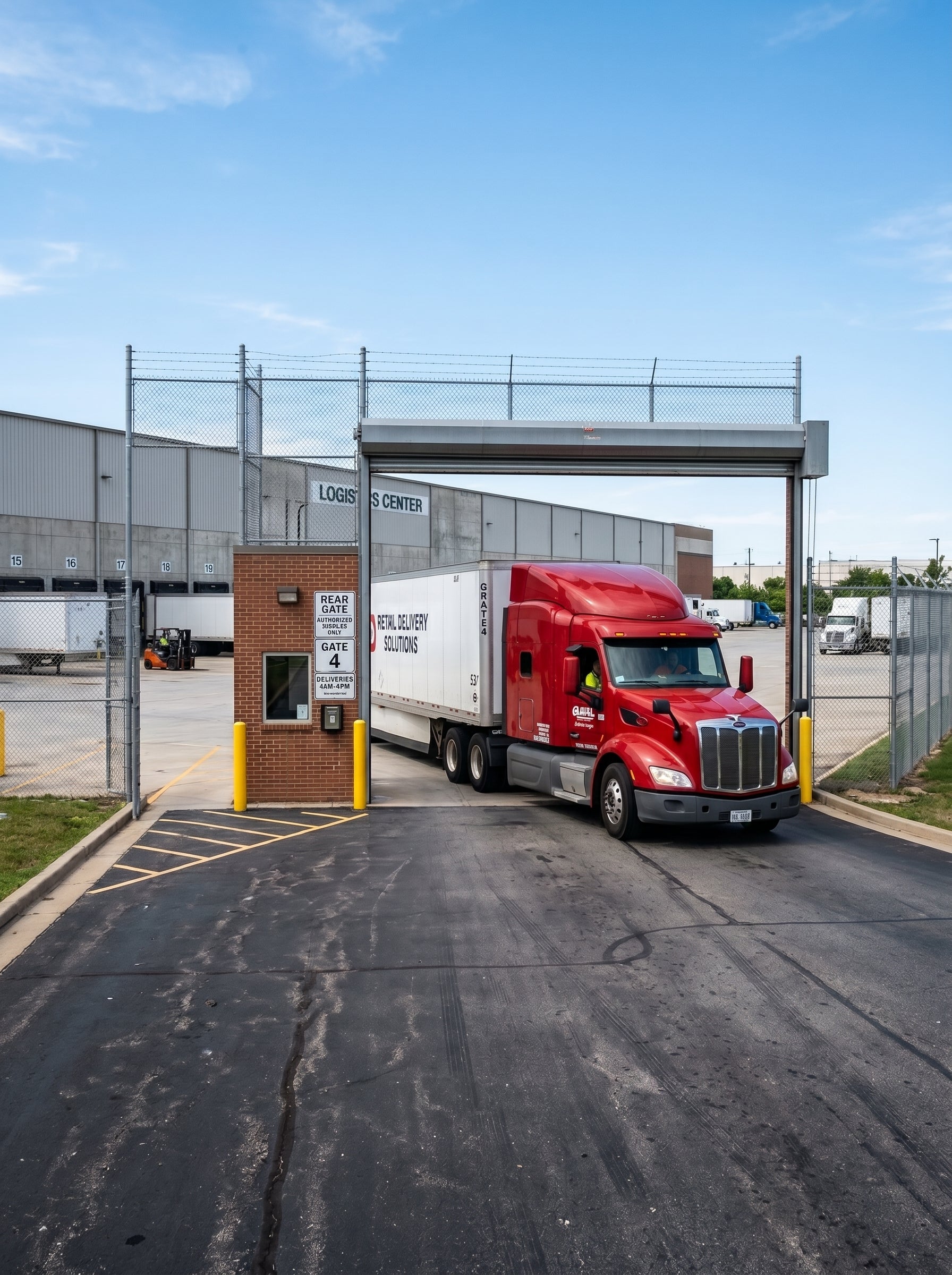 Alpha Vision - Red semi-truck entering a warehouse facility with a clear blue sky.
