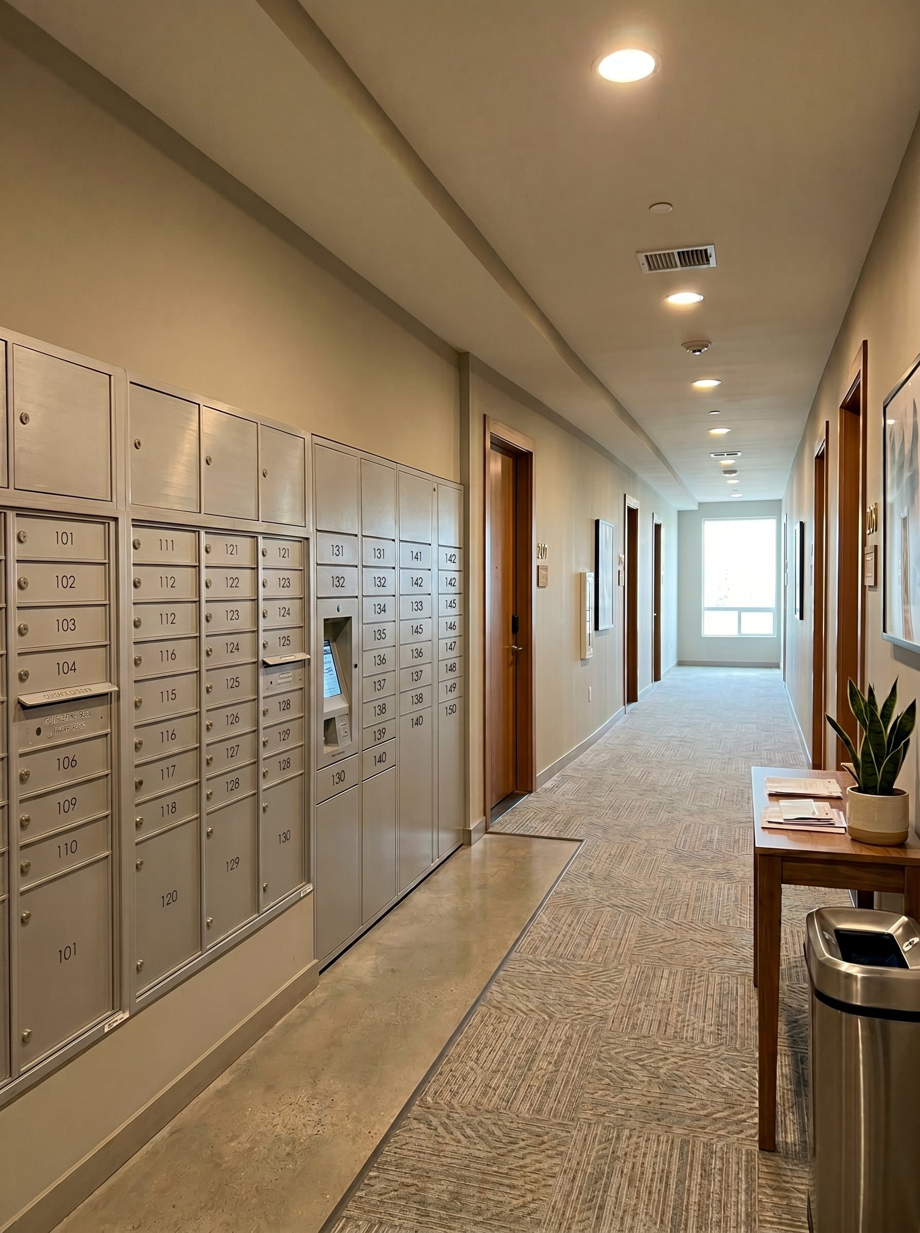 Alpha Vision - Corridor with mailboxes on the left and a desk with a plant on the right