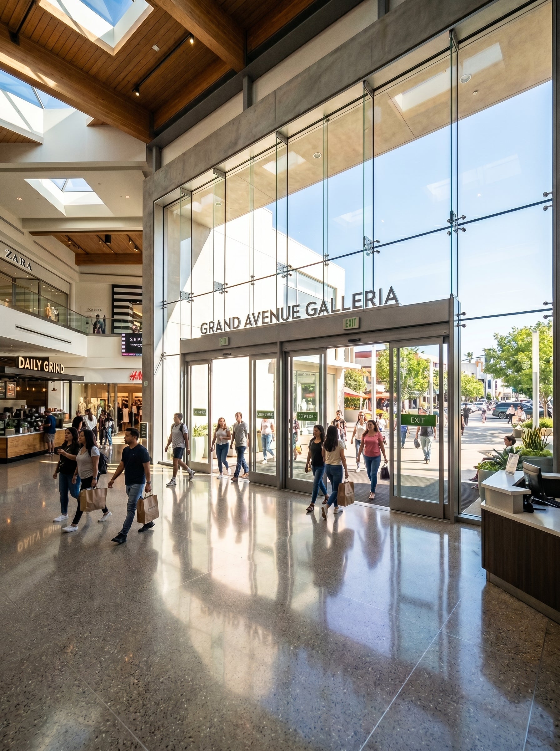 Alpha Vision - Mall interior with 'Grand Avenue Galleria' sign and people walking.
