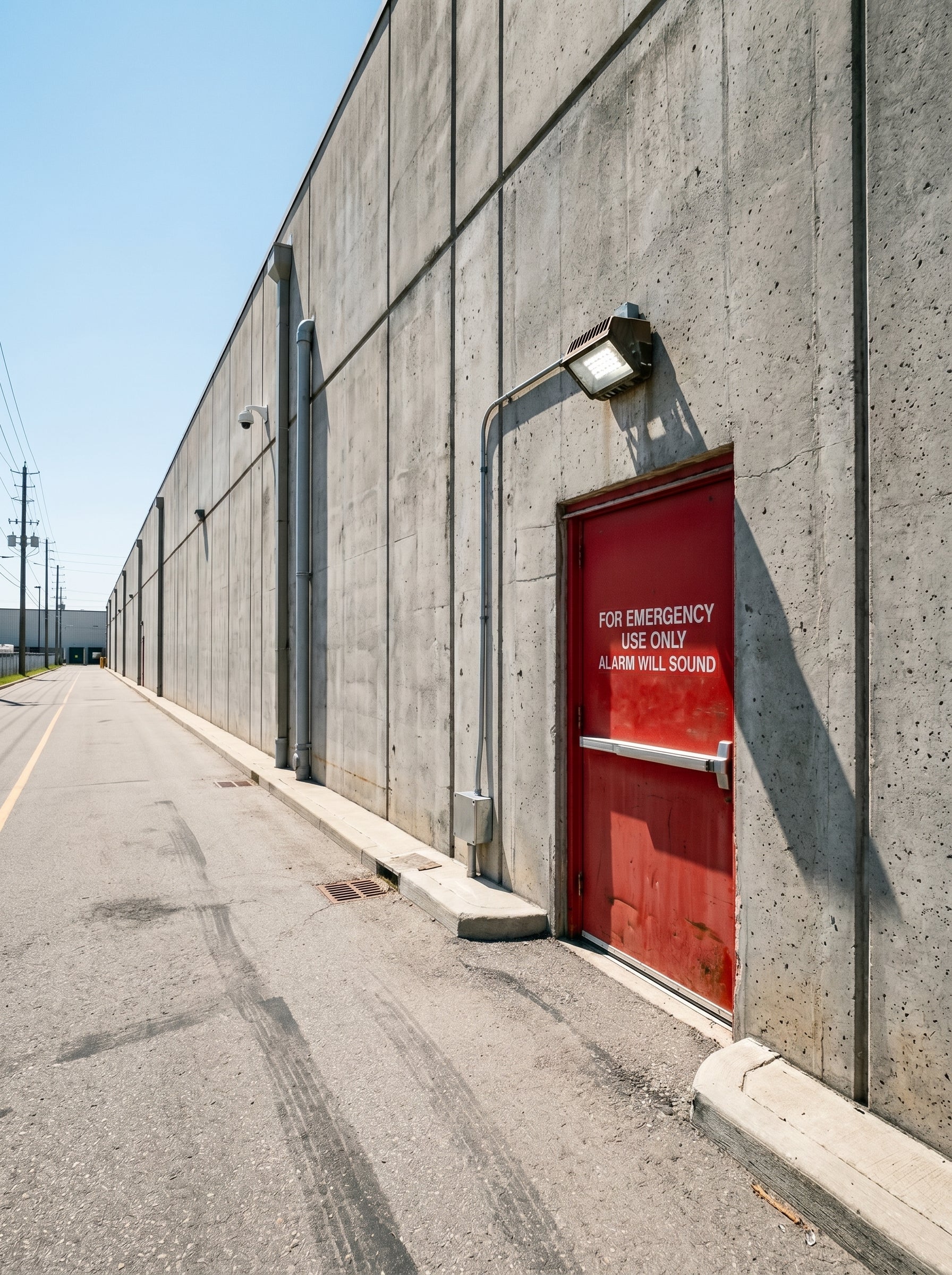 Alpha Vision - Red emergency door on a concrete building with clear sky