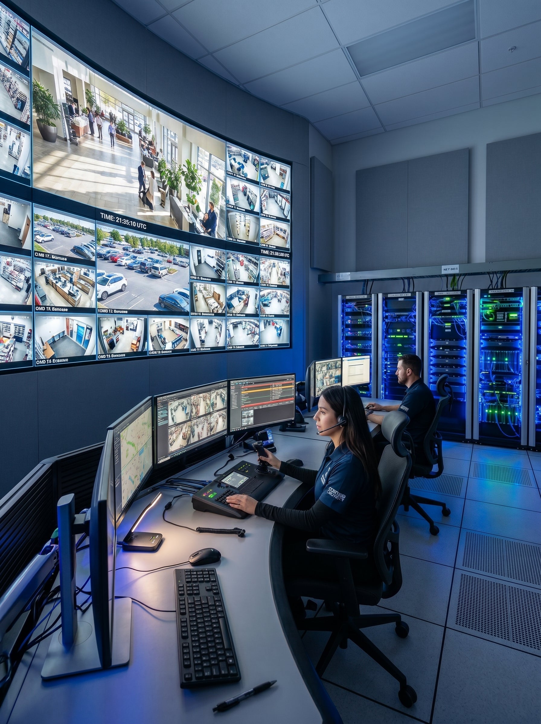 Alpha Vision - Control room with multiple monitors displaying security camera feeds and people working at desks.