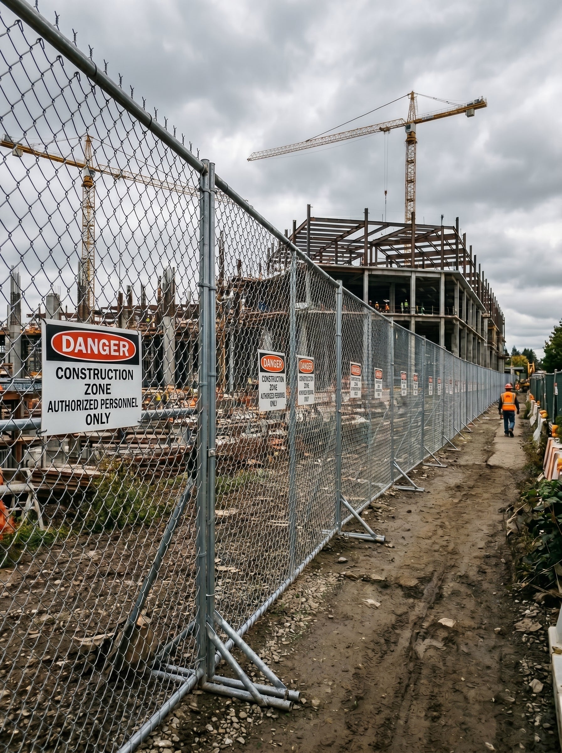 Alpha Vision - Construction site with a crane and partially built structure behind a chain-link fence.