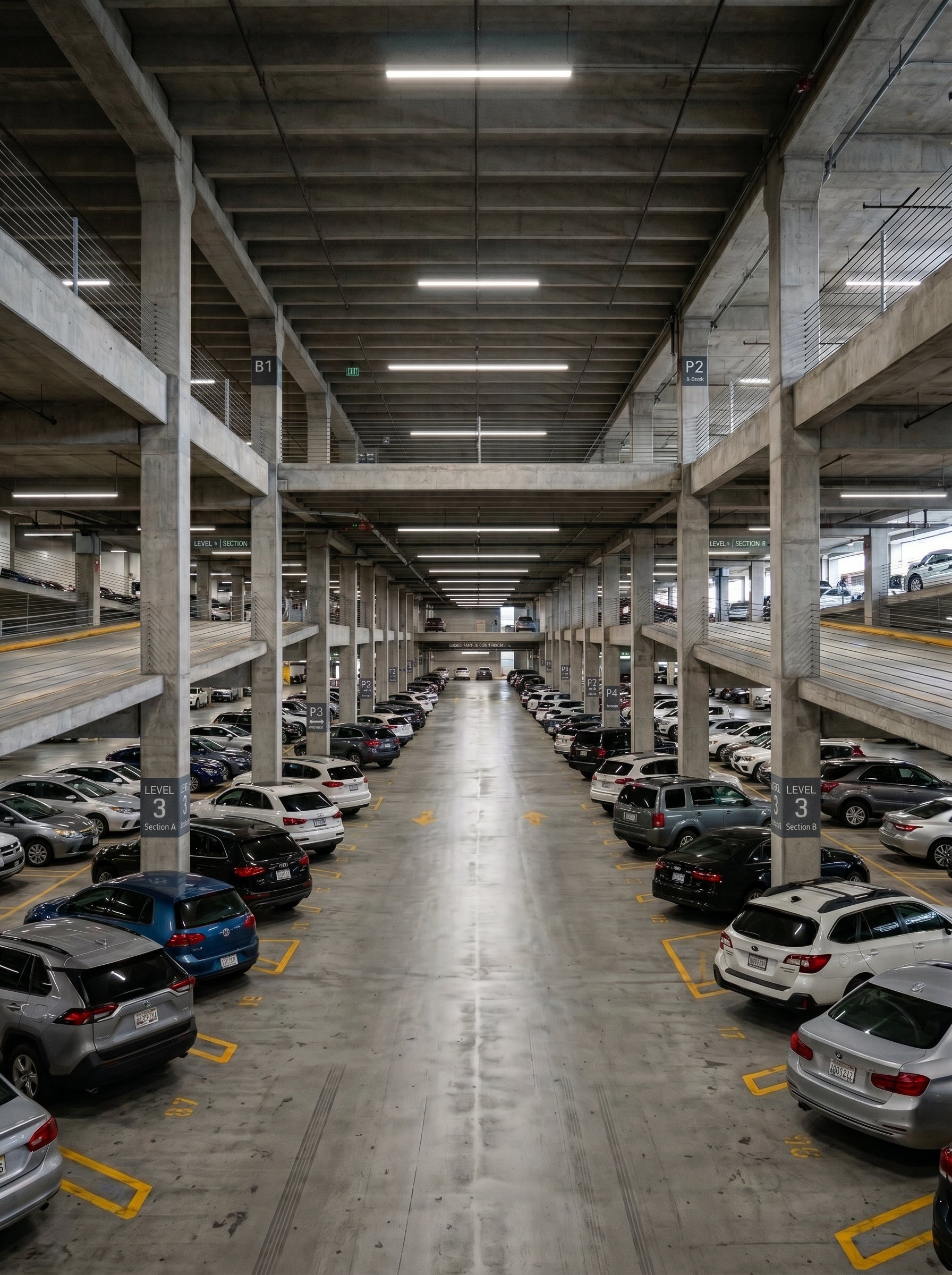 Alpha Vision - Multilevel parking garage with cars parked in rows.