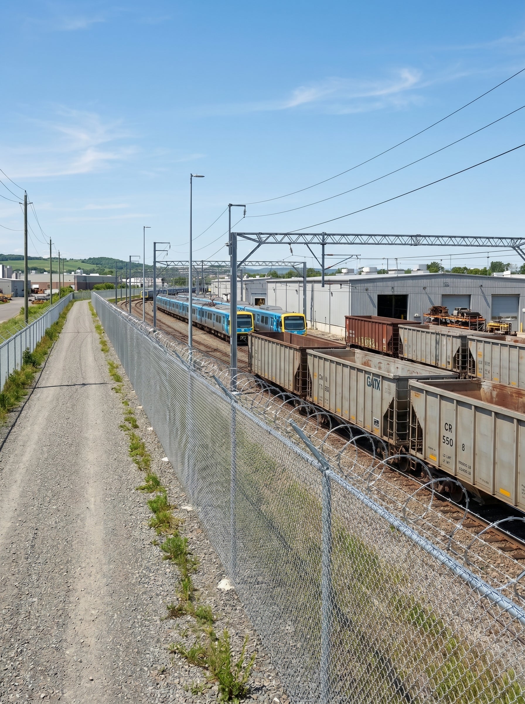 Alpha Vision - Train on tracks with a clear blue sky and industrial buildings in the background.