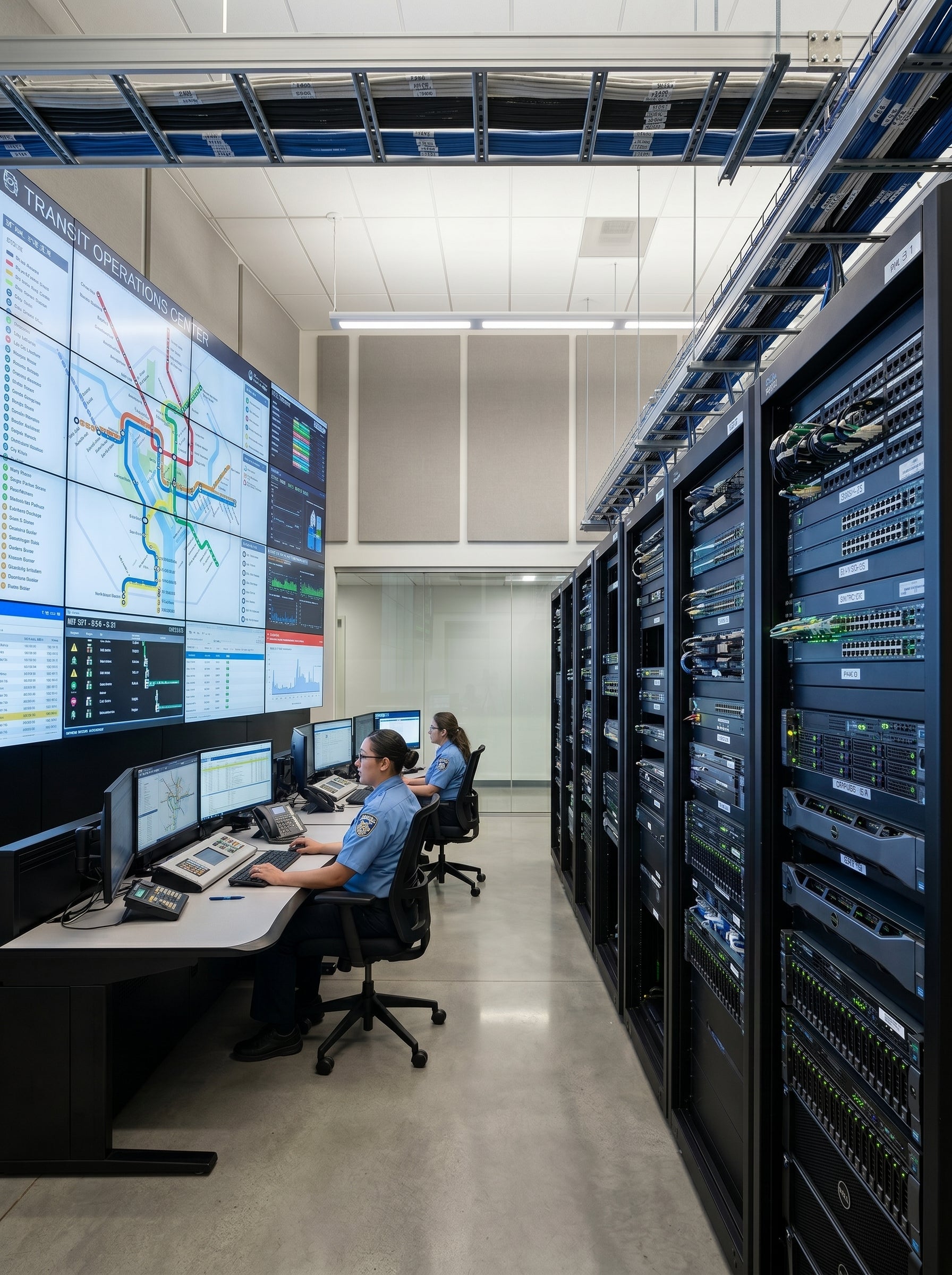 Alpha Vision - Technicians working in a control room with large screens and server racks.