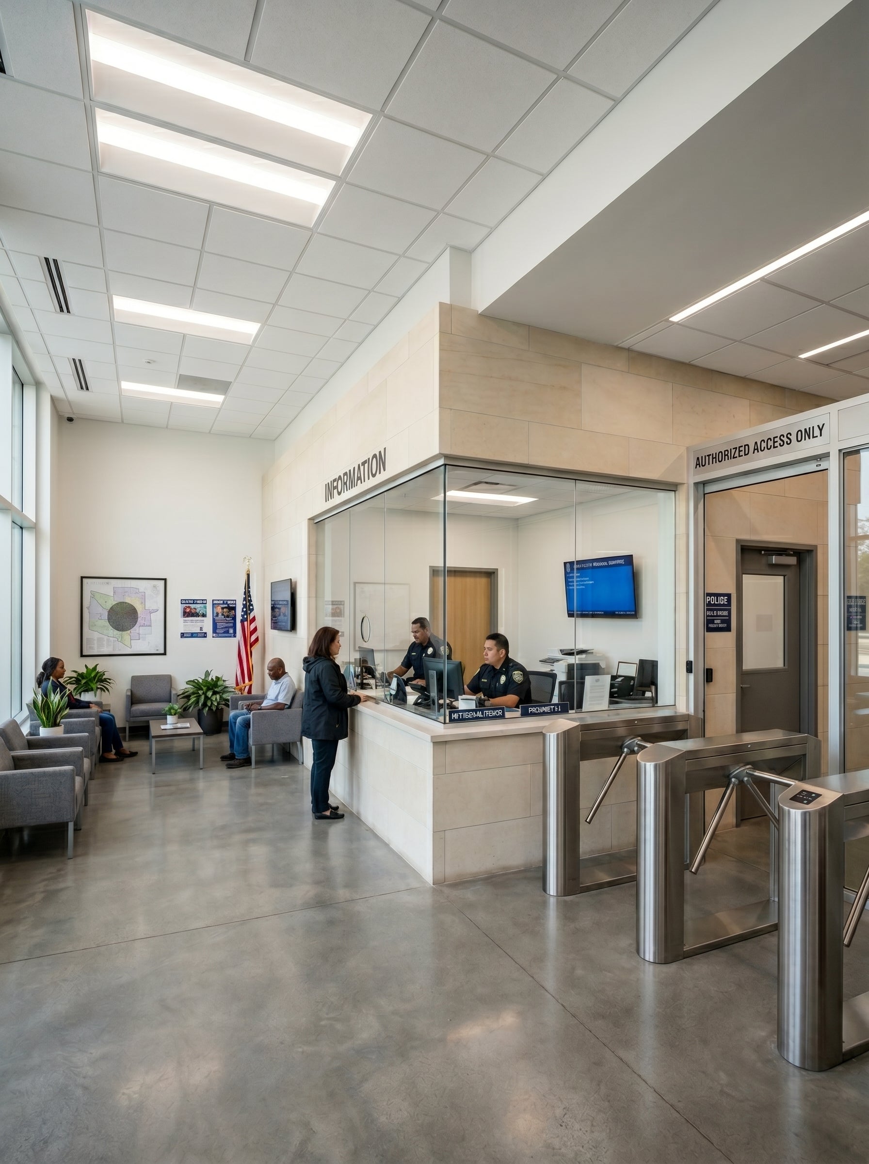 Alpha Vision - Interior of a modern office building with a reception area and security checkpoint.
