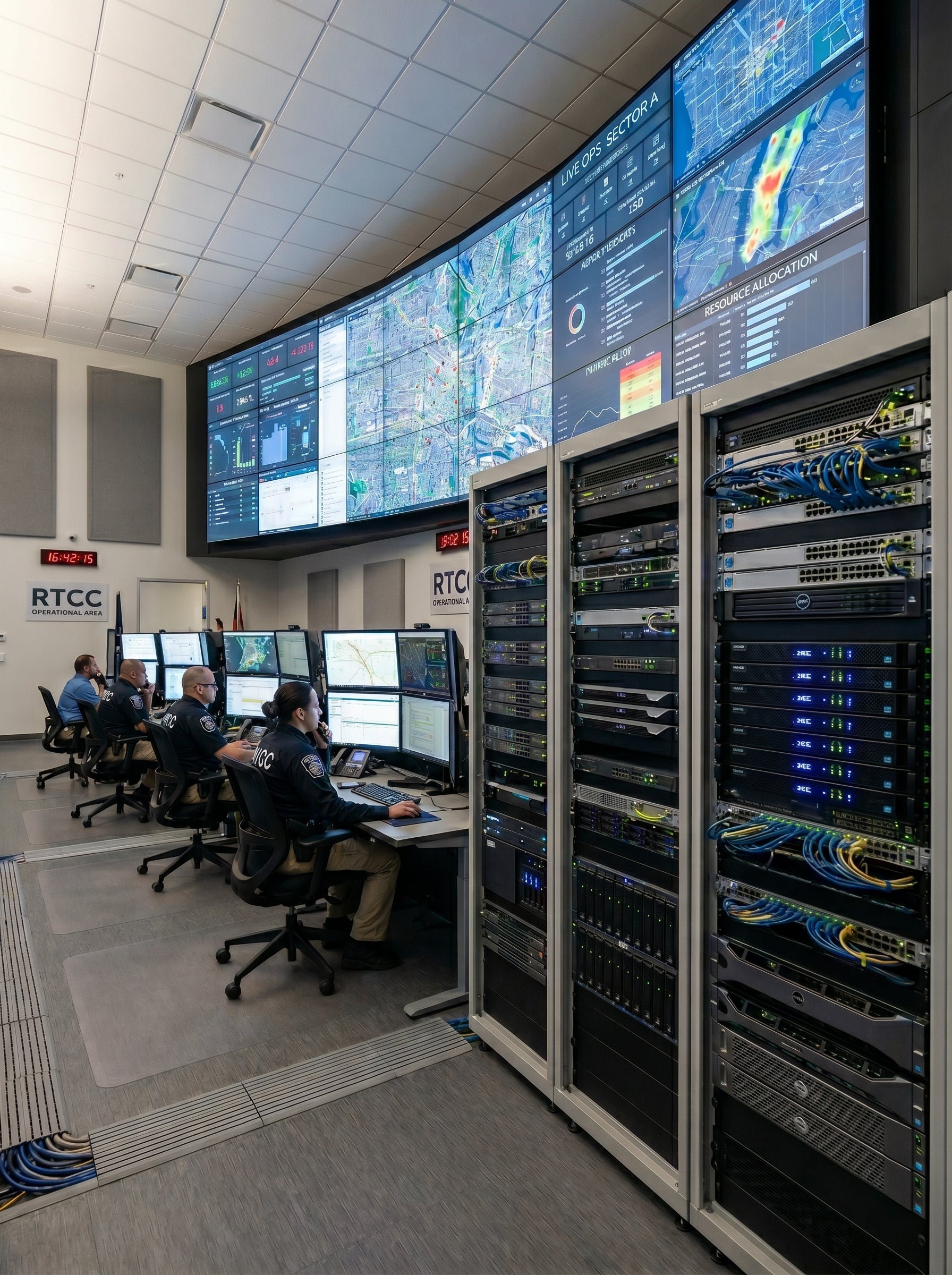 Alpha Vision - Control room with multiple monitors displaying data and servers.
