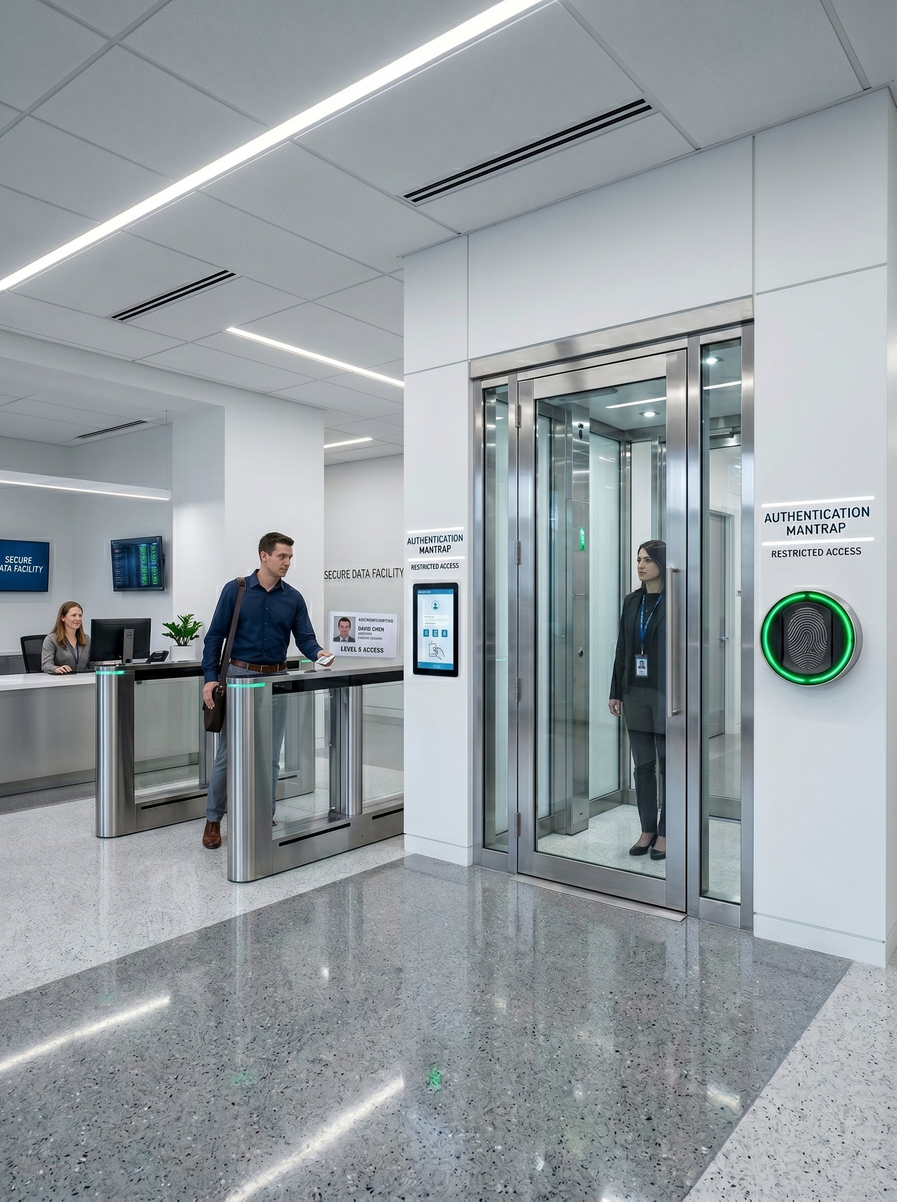 Alpha Vision - Modern office entrance with glass door and digital display, people interacting.