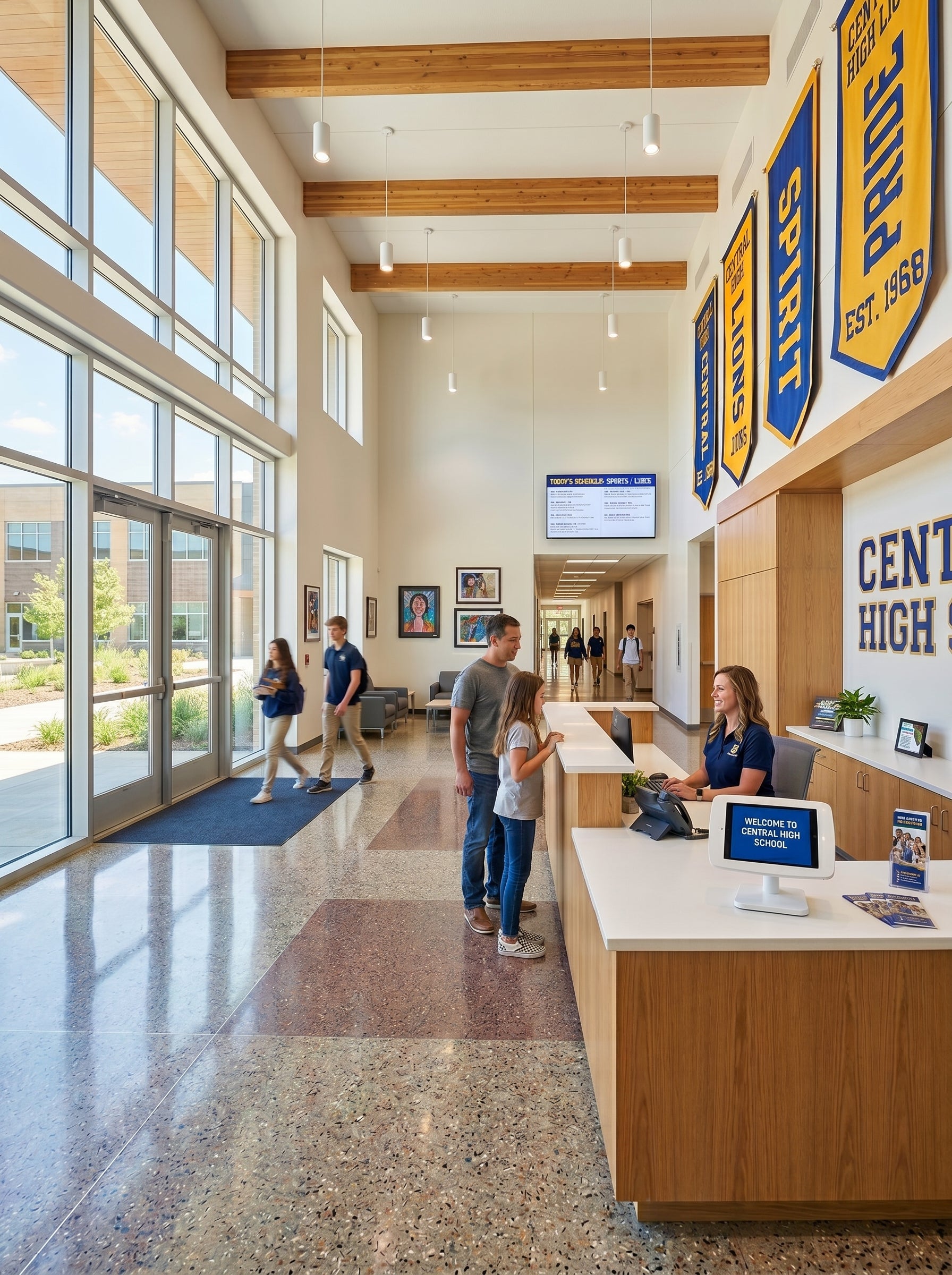Alpha Vision - Modern school lobby with people walking and a reception desk.