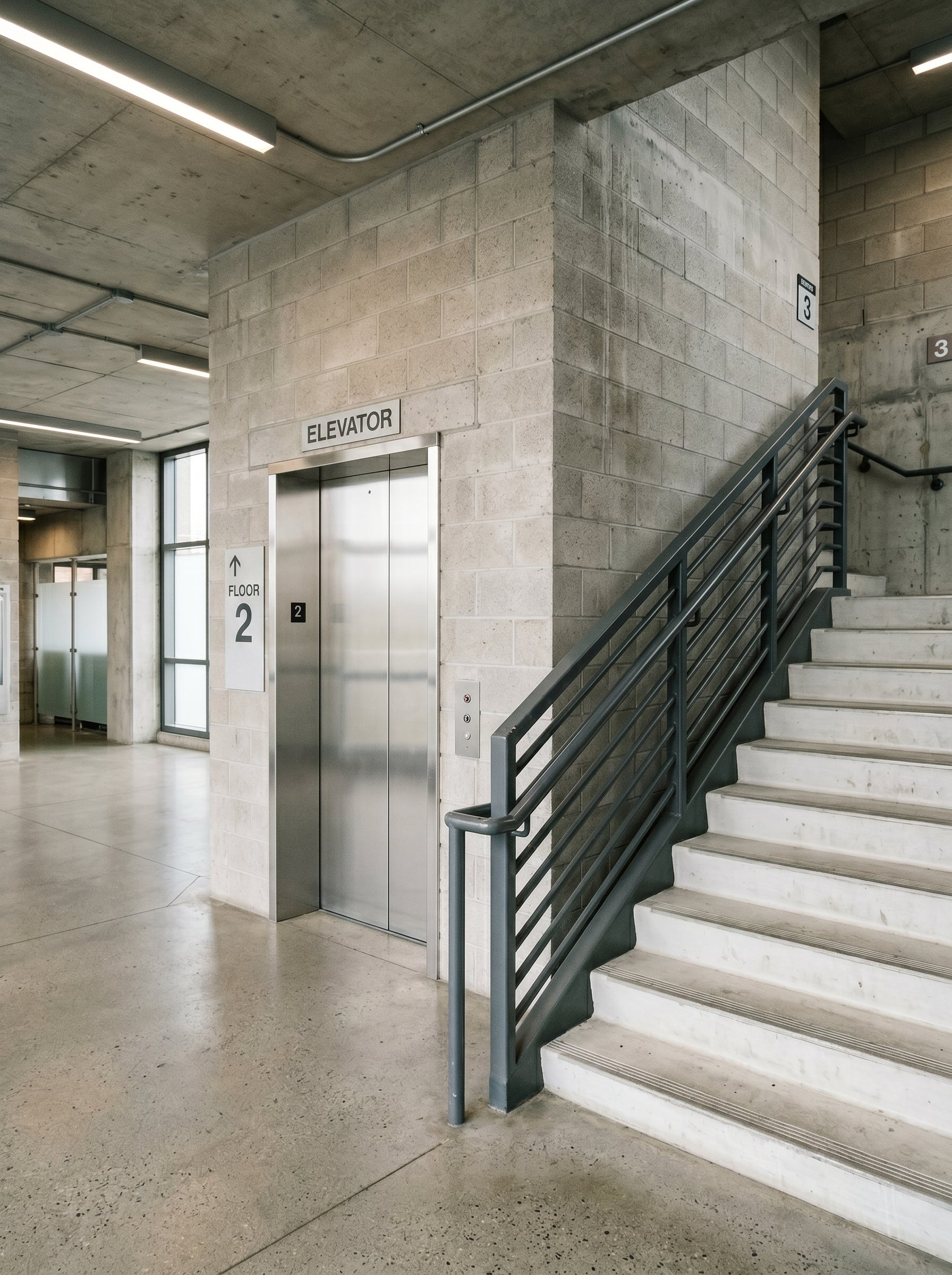 Alpha Vision - Elevator and staircase in a modern building interior