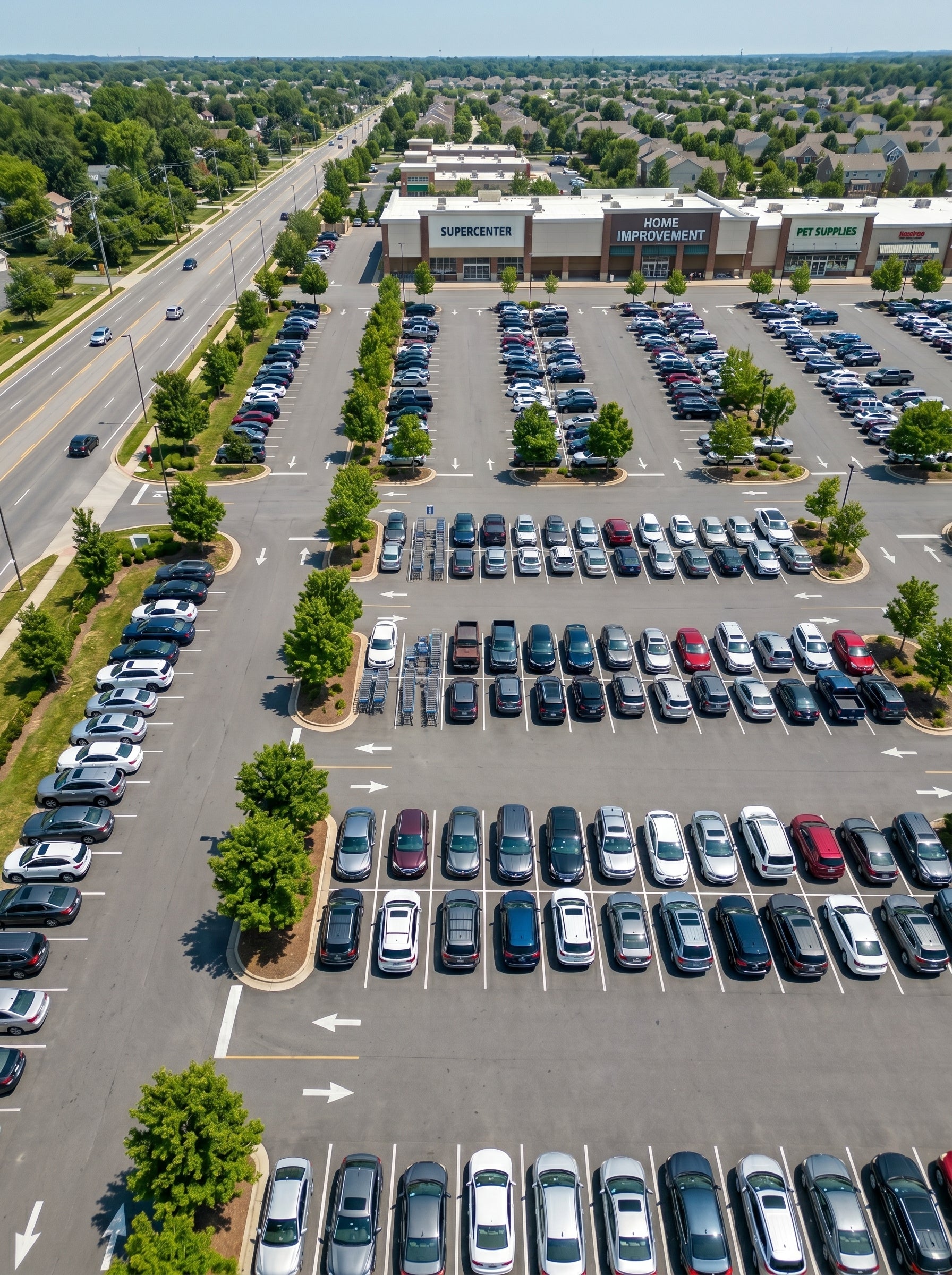 Alpha Vision - Aerial view of a large parking lot with cars and a nearby shopping center.
