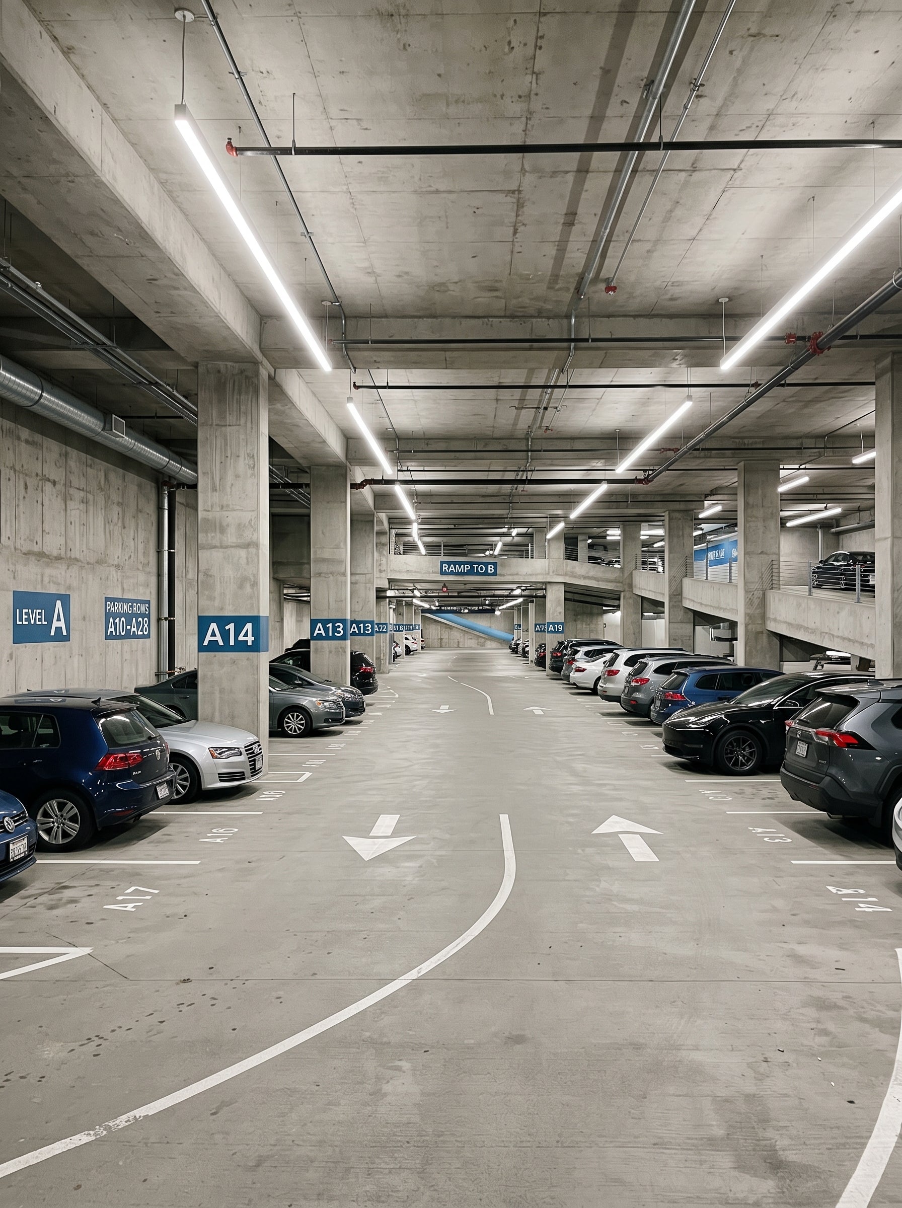 Alpha Vision - Underground parking garage with cars and directional signs