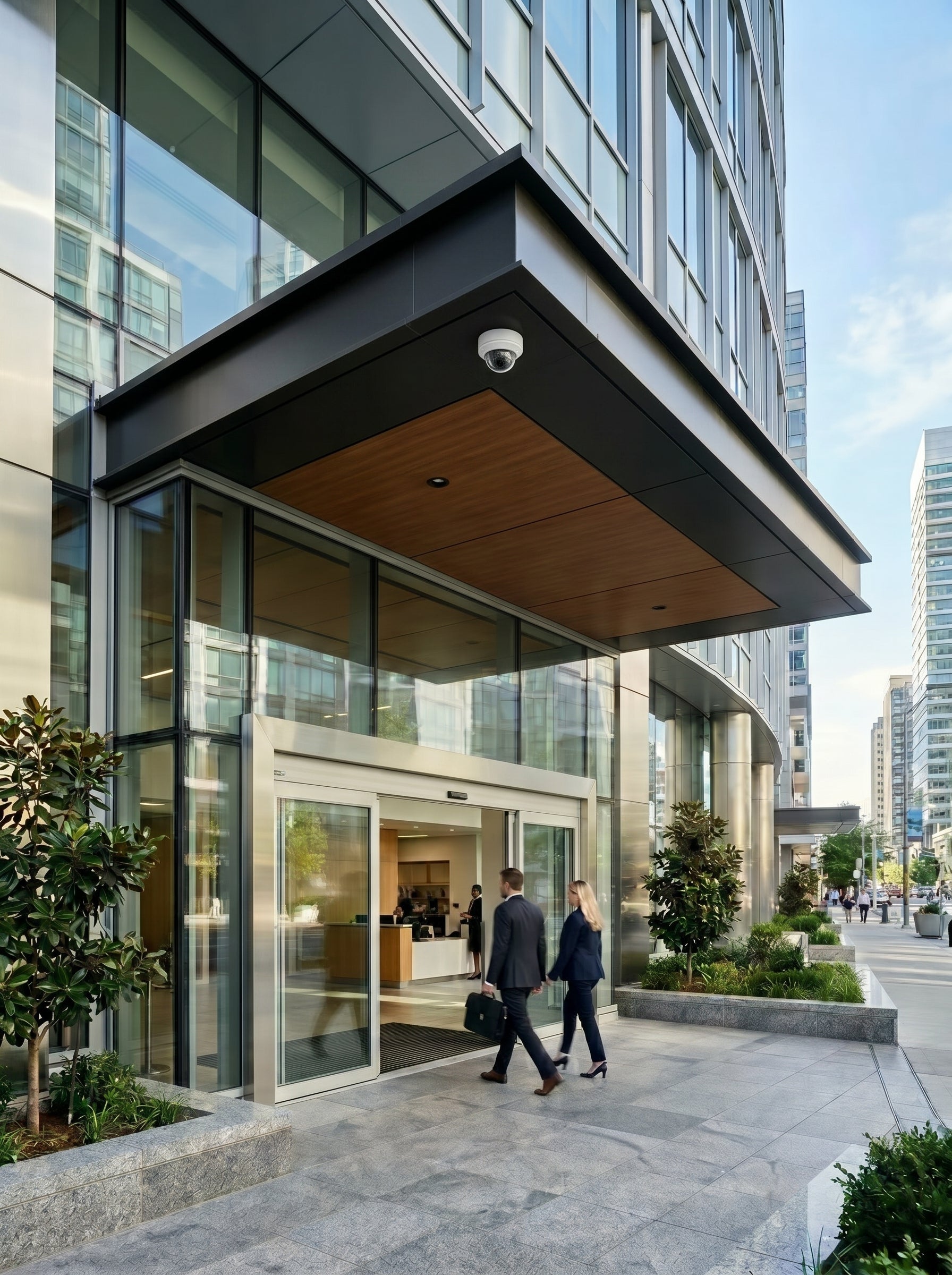 Alpha Vision - Modern building entrance with glass doors and people walking by